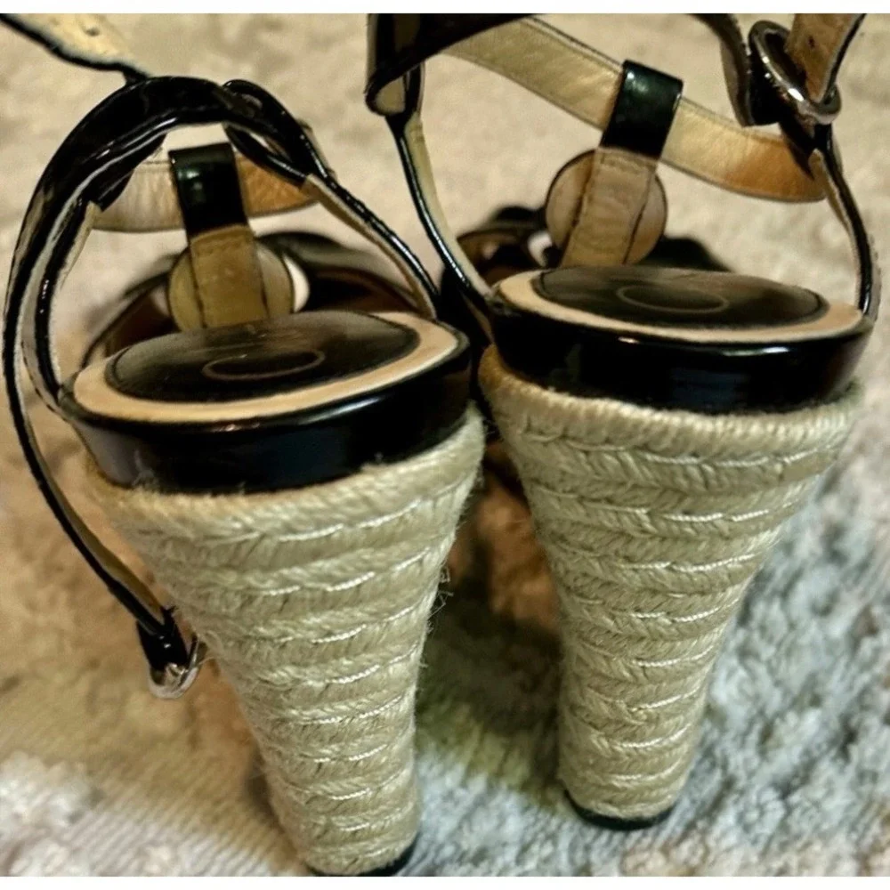 Cole Haan Black Patent Leather Espadrille Wedge Sandals T-Strap Cutout 7.5B